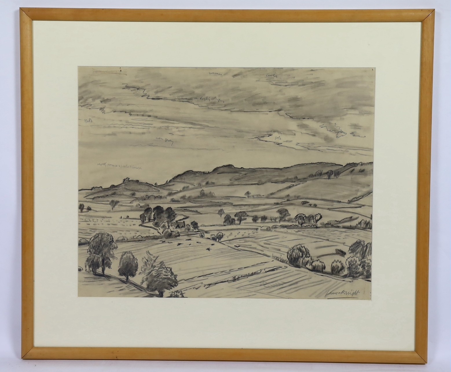 Dame Laura Knight (British, 1877-1970), Kentish landscape, pencil and charcoal preparatory study, 43 x 54.5cm